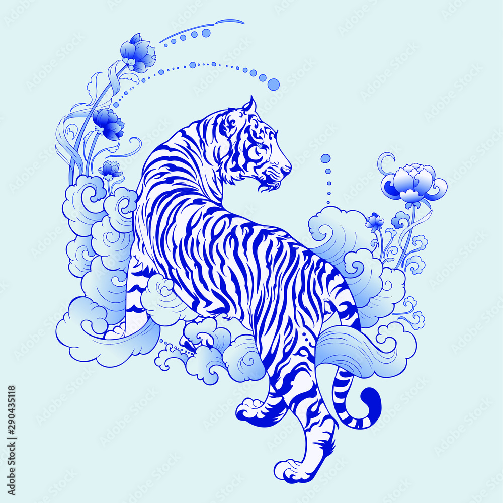 illustration white tiger design in tattoo blue Porcelain for print elements  vector with light blue ceramic color background Stock Vector | Adobe Stock