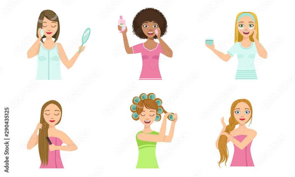 Girls Applying Different Facial Masks for Skin Care Set, Young Woman Cleaning and Caring for Their Faces, Facial Treatment, Beauty, Hygiene Vector Illustration Girls Applying Different Facial Masks for Skin Care Set, Young Woman Cleaning and Caring for Their Faces, Facial Treatment, Beauty, Hygiene Vector Illustration