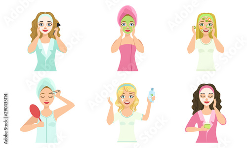 Girls Applying Different Facial Masks for Skin Care and Treatment Set, Young Woman Cleaning and Caring for Their Faces, Beauty, Hygiene Vector Illustration