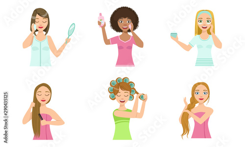 Girls Applying Different Facial Masks for Skin Care Set, Young Woman Cleaning and Caring for Their Faces, Facial Treatment, Beauty, Hygiene Vector Illustration