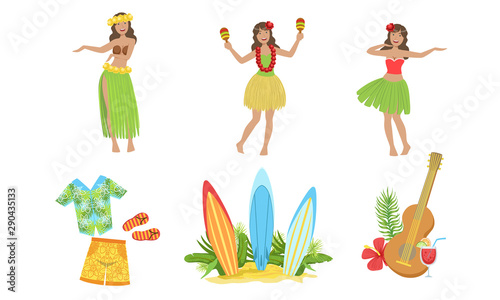 Collection of Traditional Symbols of Hawaiian Culture, Beautiful Girls Dancing in Traditional Costume Vector Illustration