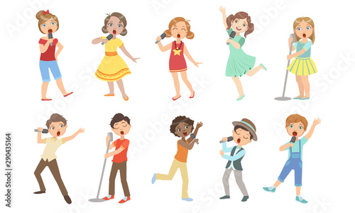 Cute Children Singing with Microphones Set, Boys and Girls Performing on Stage Vector Illustration