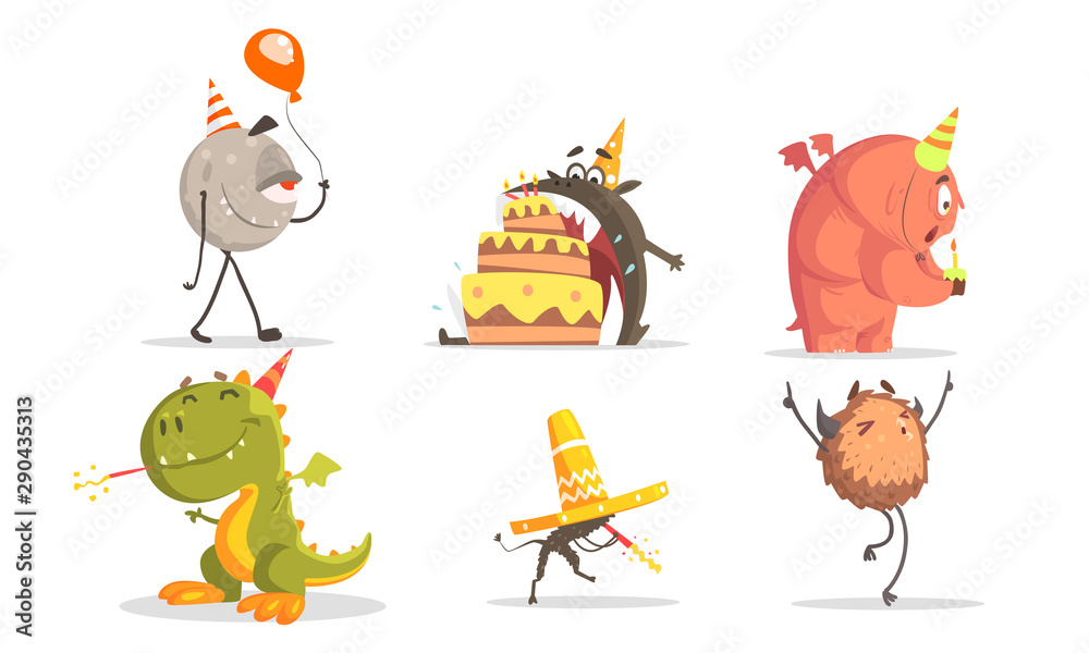 Cute Cartoon Monsters Characters Set, Birthday Party Design Element Vector Illustration
