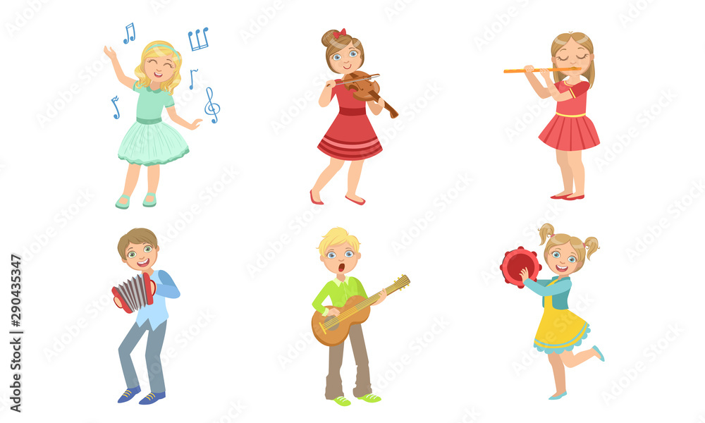 Kids Playing Music and Singing Set, Boys and Girls with Musical Instruments, Children Playing Violin, Flute, Accordion, Guitar, Tambourine Vector Illustration