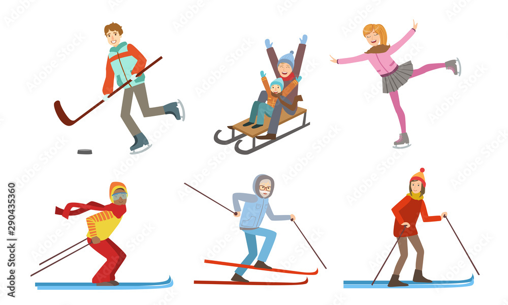 Winter Sport Activities Set, Different People Skiing, Sledding, Figure Skating, Playing Hokkey Vector Illustration
