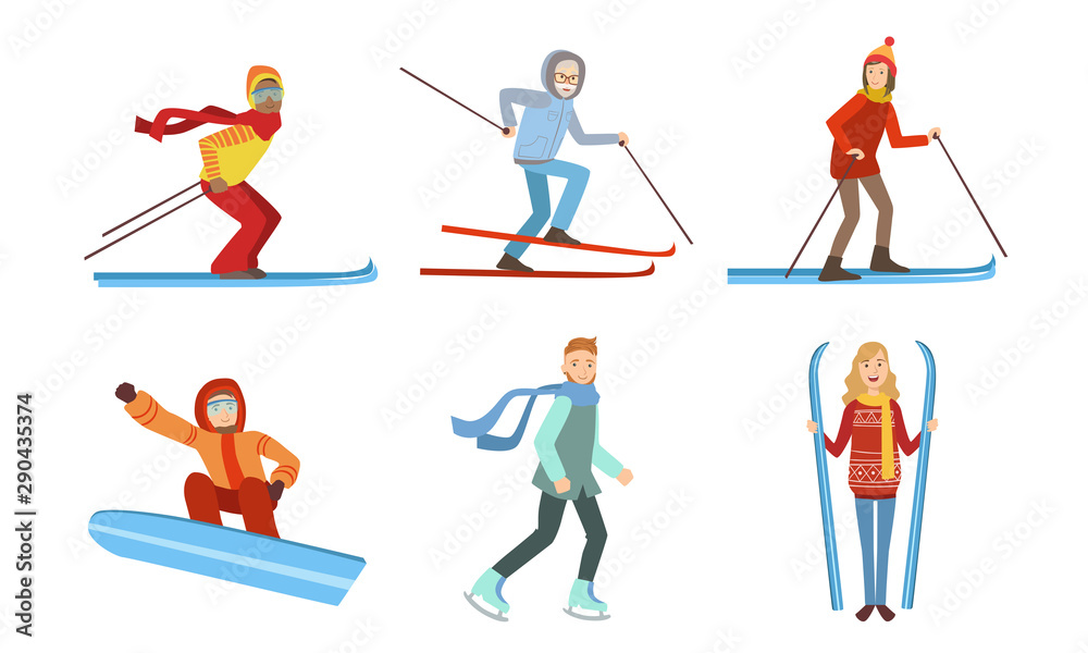 Winter Sport Activities Set, Different People Skiing, Snowboarding, Skating Vector Illustration