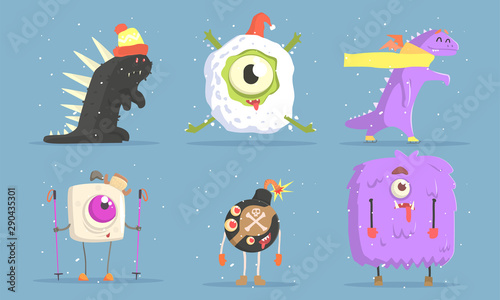 Collection of Funny Monsters Cartoon Characters in Winter Outdoor Activities Set Vector Illustration
