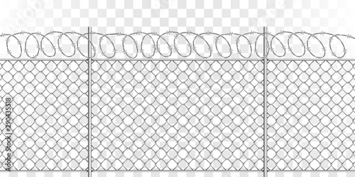 Metal mesh fence with steel spiral barbed wire with spikes, realistic vector illustration on transparent background. Fencing or barrier with doodle element for danger facilities or prisons