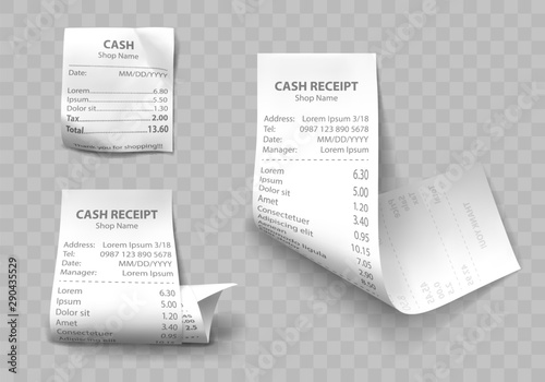 Shop cash receipt set of realistic isolated vector illustrations. Direct and curled paper payment bills with barcode, goods and their price, tax and total amount