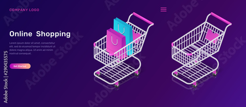 Online shopping, isometric concept vector illustration. Shopping carts empty and with bags, isolated on ultraviolet background, landing web page for mobile app