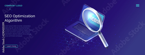 SEO, search engine optimization algorithm, concept vector isometric illustration. Laptop and magnifying glass for monitoring and analyzing data, blue landing website page, interface template