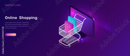 Online shopping, isometric concept vector illustration. Computer monitor screen and shopping cart with bags, isolated on ultraviolet background, landing web page template