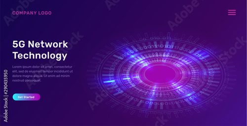 Glowing blue neon ring or futuristic circle with digital binary code, concept vector tech illustration. Hightech optical radiant effect on ultraviolet background, technology promo banner