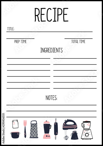 Recipe page template vector, A4 printable page for planner, diary, notebook or organiser, cook book.