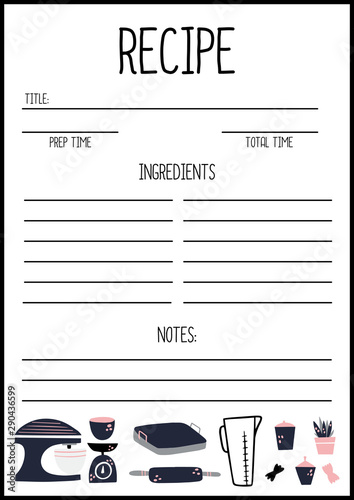 Recipe page template vector, A4 printable page for planner, diary, notebook or organiser, cook book.