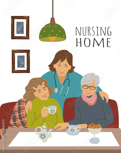 Nursing home. A nurse and cheerful elderly woman at a tea party. Celebration of a holiday in a social shelter. Flat vector illustration