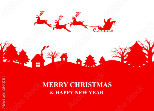 Vector illustrations of silhouette of Santa Claus flies a reindeer sleigh over the night village