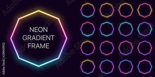 Neon gradient octagon Frame with copy space. Templates set of Neon gradient octagonal Border