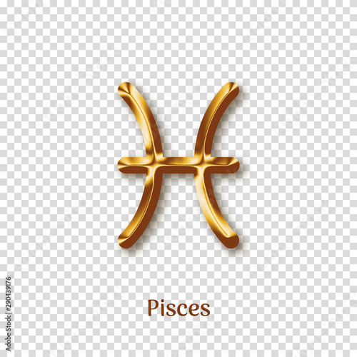 Pisces golden zodiac sign on transparent background. Luxury star sign for astrology horoscope prediction. Glossy zodiac symbol. Realistic gold design of horoscope constellation vector illustration