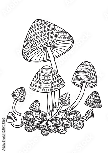 Vector antistress doodle mushrooms coloring book page for adults