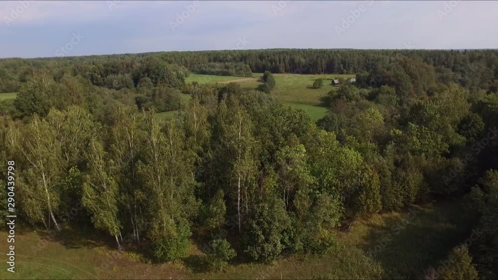 An old homestead among the forests. Aerial pan left