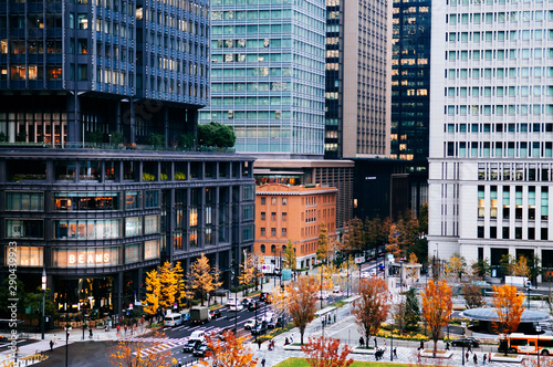 Daimyo - Koji Avenue Marunouchi District Tokyo downtown in Autumn with people at pedestrains crosswalk from high angle photo