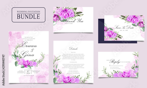 Wedding invitation card bundle with watercolor floral and leaves template