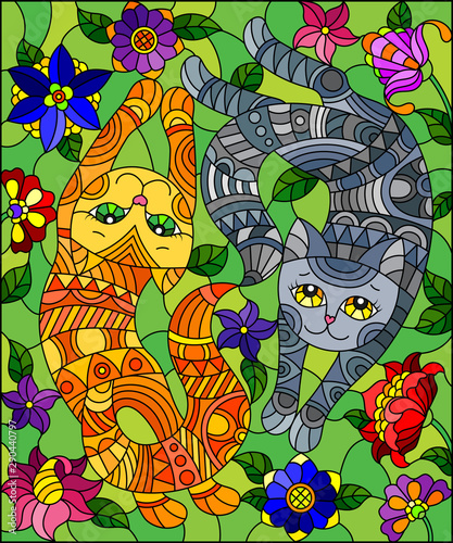 Illustration in stained glass style with a pair of cute cats on a background of meadows and bright flowers 