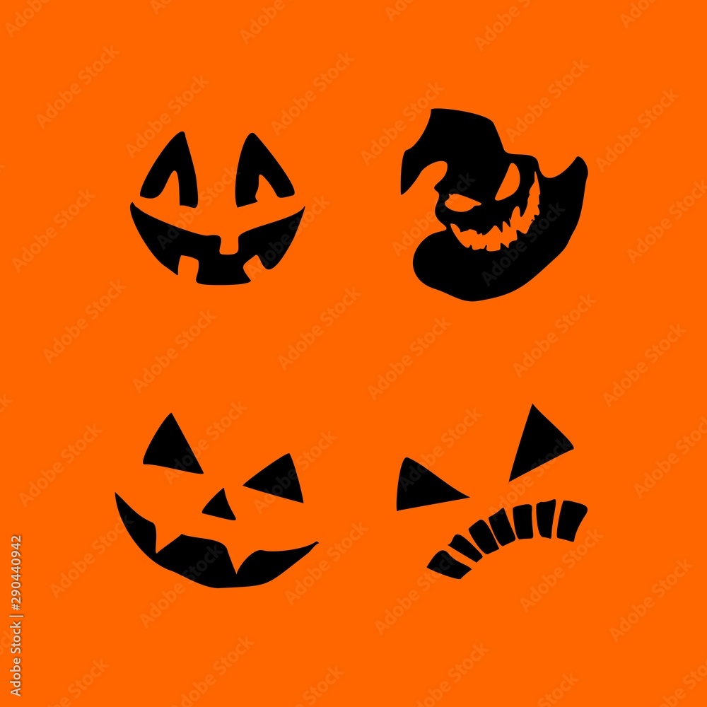 Set of faces for pumpkins. Halloween Pumpkin. And the silhouette of a hat with an evil smile. illustration. On an orange background. Set of faces for pumpkins. Halloween Pumpkin. And the silhouette of a hat with an evil smile. illustration. On an orange background.