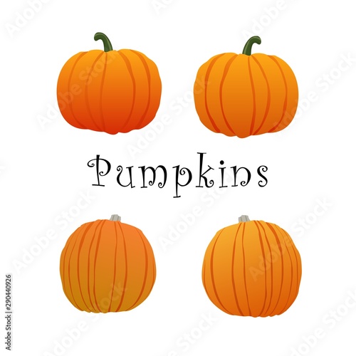  illustration. Halloween Pumpkin. A set of pumpkins for Halloween. Two small and two large pumpkins. With signature. On white background.