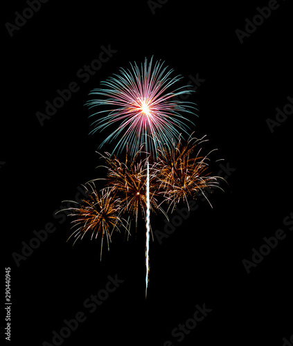 Colorful exploded fireworks isolated on black background