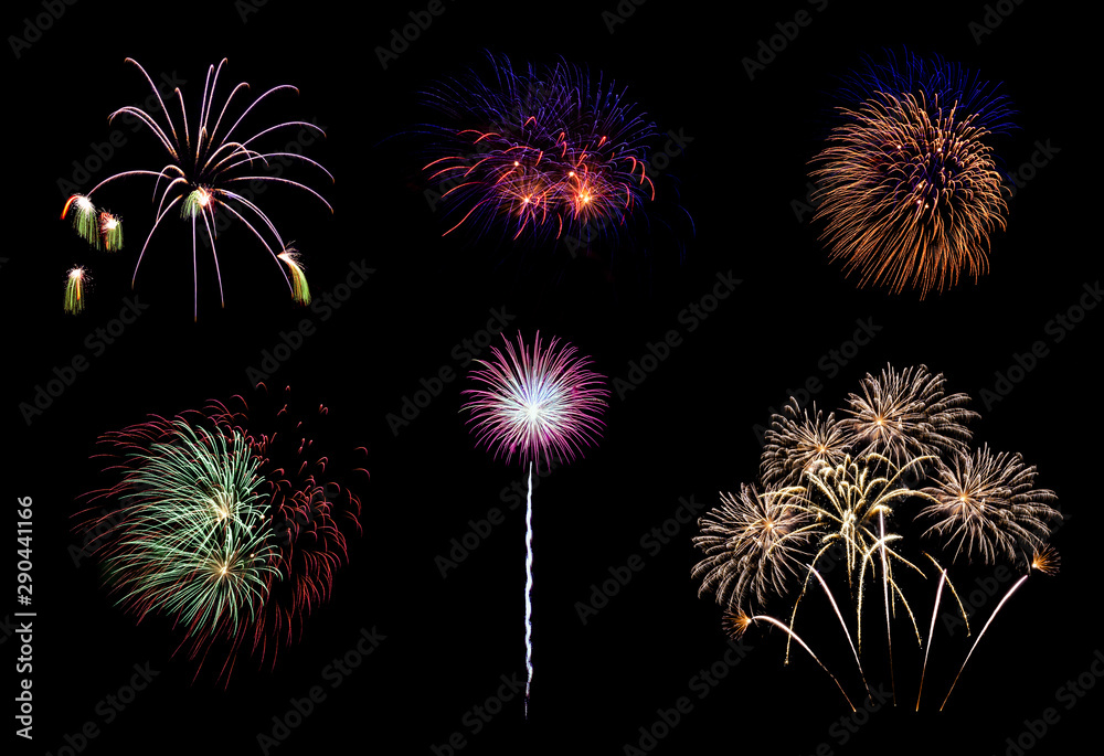 Colorful six fireworks isolated on black background