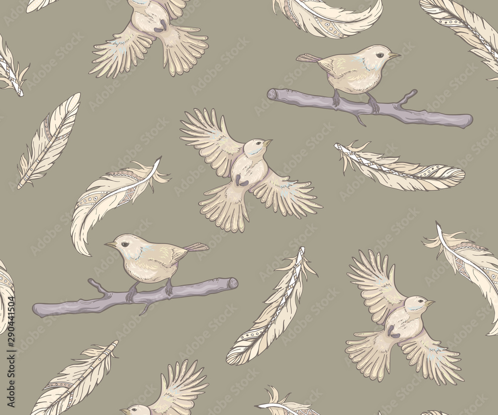 Seamless pattern with birds and feathers