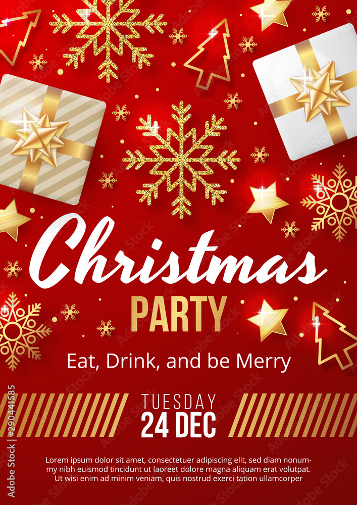 Christmas Party poster template with christmas elements on red background. Vector illustration 