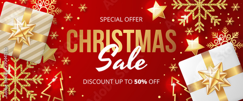 Christmas sale banner with christmas elements on red background. Vector illustration 