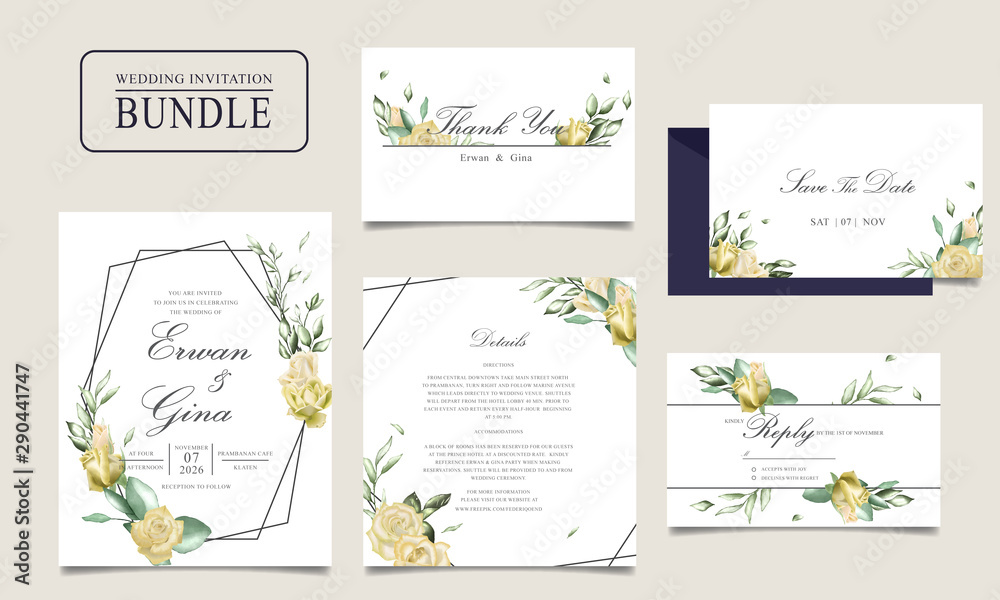 Wedding invitation card bundle with watercolor floral and leaves template
