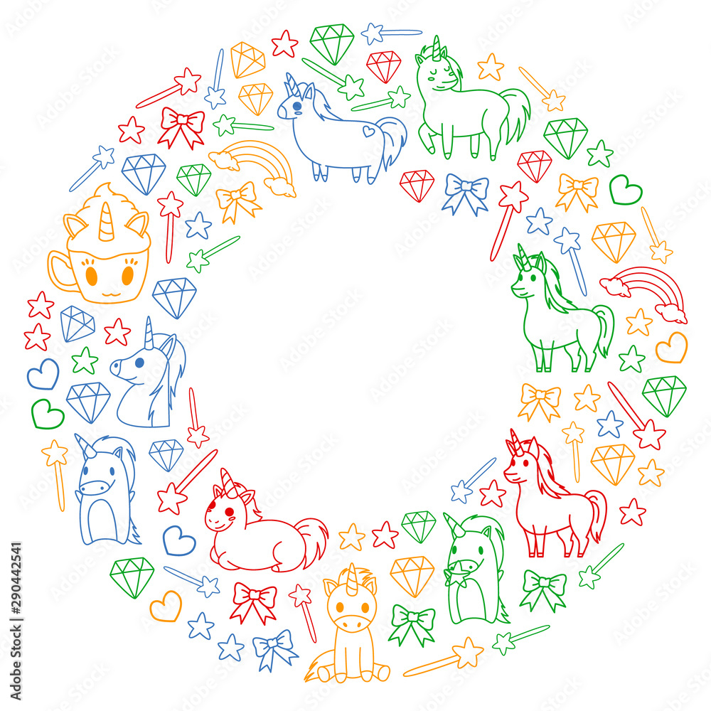 Children pattern with fairy tale unicors for kids clothes, posters, banners, shirts. Vector image with cartoon character.