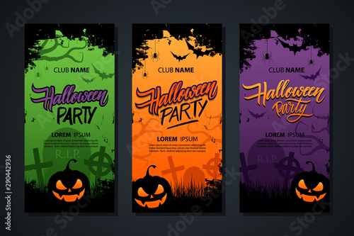 Halloween Party flyer templates set with brush stroke background, hand lettering text Halloween Party and traditional Halloween holiday spooky symbols. Vector illustration.
