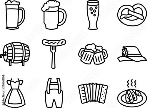 Vector Oktoberfest beer icons set with sausage, pretzel and Bavarian hat, beer glass, mug, barrel