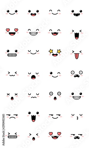 Collection of sweet kawaii emoticon emoji. Set of cute cartoon manga emotions