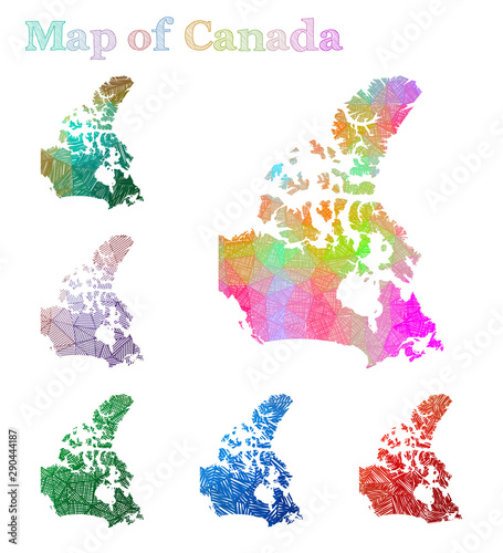 Hand-drawn map of Canada. Colorful country shape. Sketchy Canada maps collection. Vector illustration.