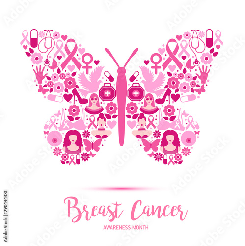 Breast cancer awareness with Butterfly sign and pink ribbons vector illustration design poster layout.