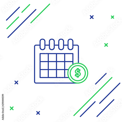 Blue and green line Financial calendar icon on white background. Annual payment day, monthly budget planning, fixed period concept, loan duration. Colorful outline concept. Vector Illustration