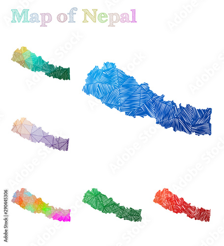 Hand-drawn map of Nepal. Colorful country shape. Sketchy Nepal maps collection. Vector illustration.