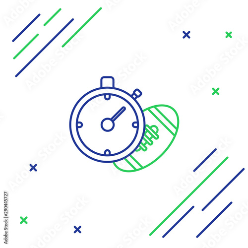 Blue and green line American Football ball and stopwatch icon isolated on white background. Set of sport equipment. Colorful outline concept. Vector Illustration