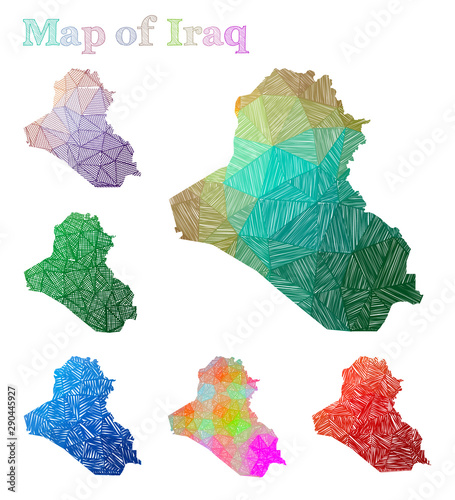 Hand-drawn map of the Republic of Iraq. Colorful country shape. Sketchy Republic of Iraq maps collection. Vector illustration.