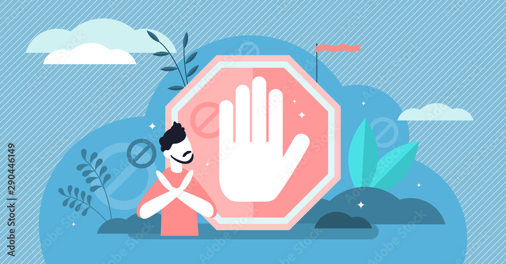 Stop sign vector illustration. Flat tiny prohibition gesture person concept