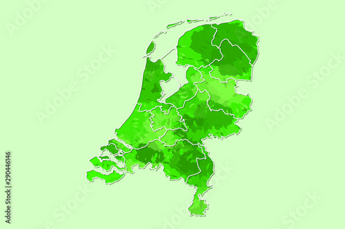 Netherlands watercolor map vector illustration of green color with border lines of different regions or provinces on light background using paint brush in page