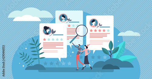 Reviews vector illustration. Tiny compared application form persons concept