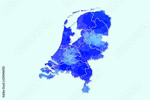 Netherlands watercolor map vector illustration of blue color with border lines of different regions or provinces on light background using paint brush in page